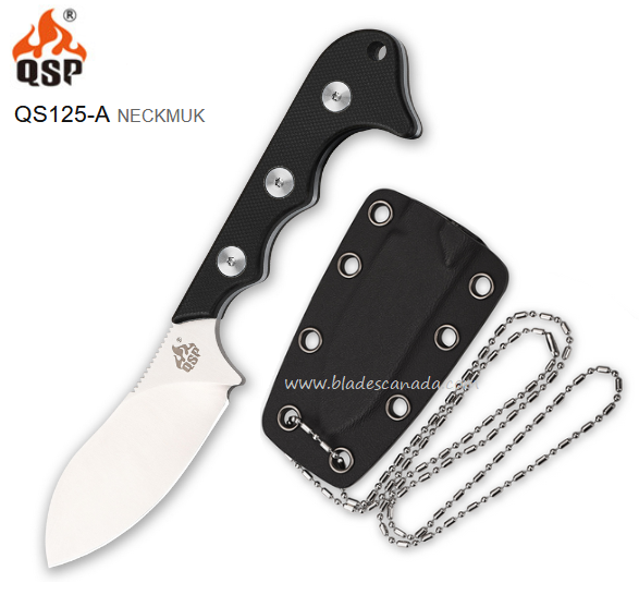 QSP Nickmuk Fixed Blade Neck Knife, D2 Steel, G10 Black, Kydex Sheath, QS125-A